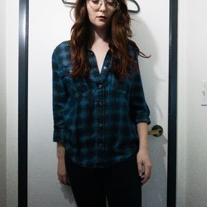 Blue Plaid Button Up- 3/4 Long sleeves